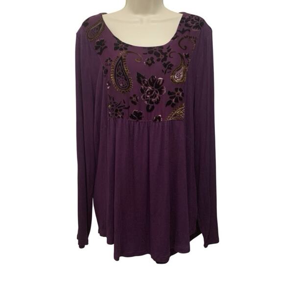 Style & Co Long Sleeve Top Women’s XL Purple Velvet Burnout Empire Waist Boho - Picture 1 of 5